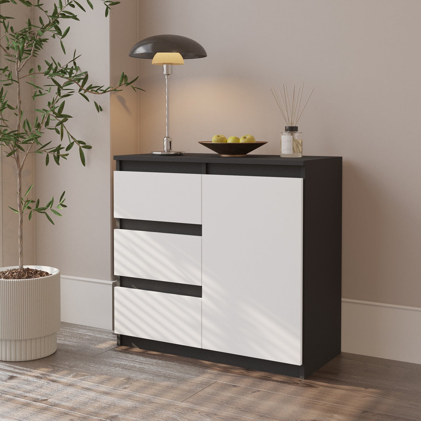 MIKEL - Cassettiera con 3 cassetti e 1 anta - Credenza per camera da letto - Antracite / Bianco Opaco