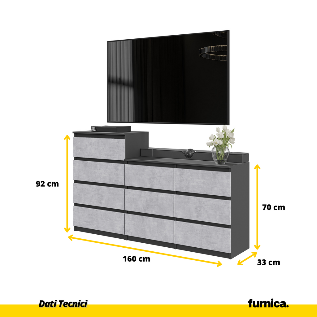 GABRIEL - Commode 10 Tiroirs (6+4) - H92/70 cm L160 cm P33 cm - Antracite / Calcestruzzo