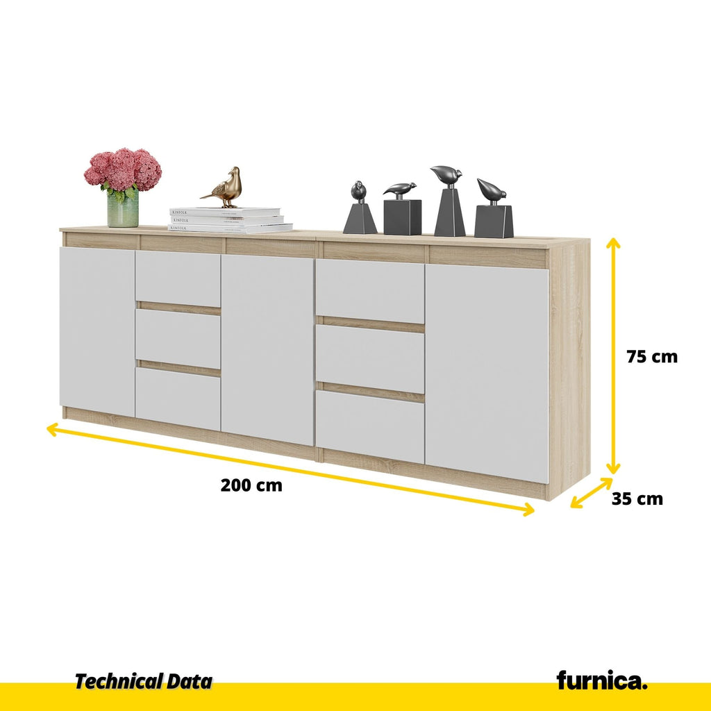 MIKEL - Cassettiera a 6 cassetti e 3 ante - Credenza per camera da letto - Rovere Sonoma / Bianco Opaco H75cm L200cm P35cm