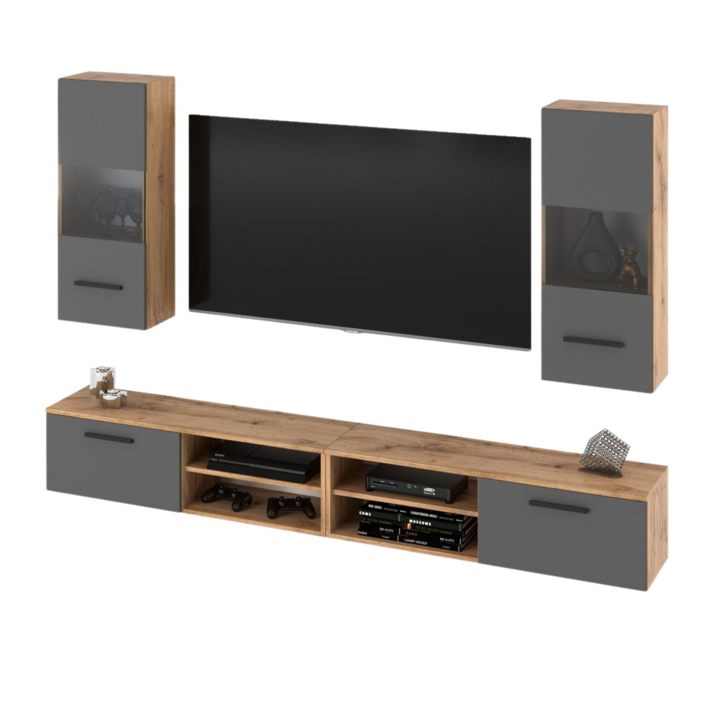 MIRANDA - Set di mobili TV sospesi - 4 armadi - Rovere Wotan / Grigio Antracite