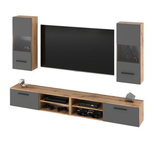 MIRANDA - Set di mobili TV sospesi - 4 armadi - Rovere Wotan / Grigio Antracite