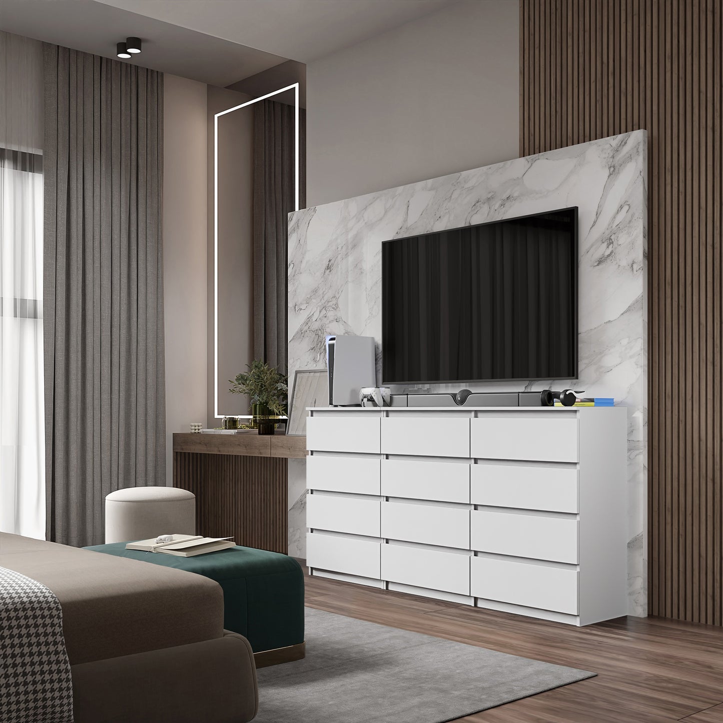 GABRIEL - Cassettiera a 12 cassetti (8+4) - Credenza per camera da letto - Bianco opaco