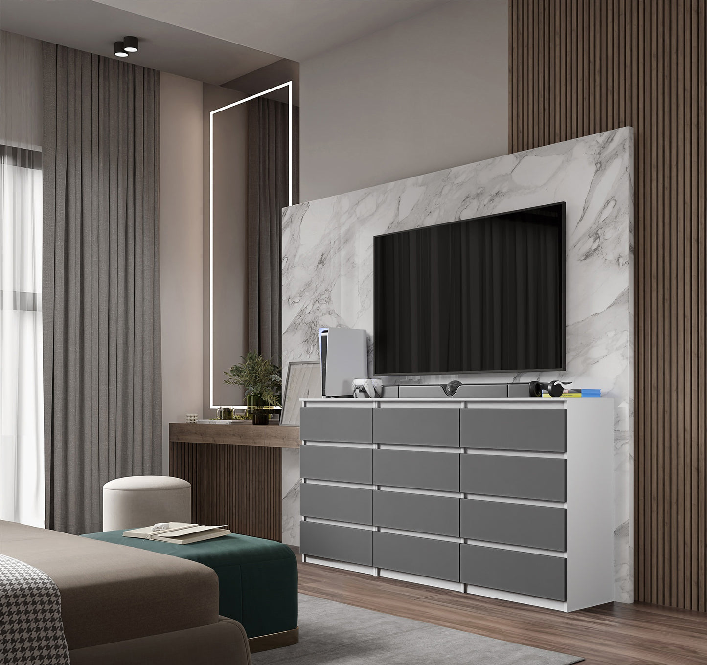 GABRIEL - Cassettiera a 12 cassetti (8+4) - Credenza per camera da letto - Bianco Opaco / Antracite