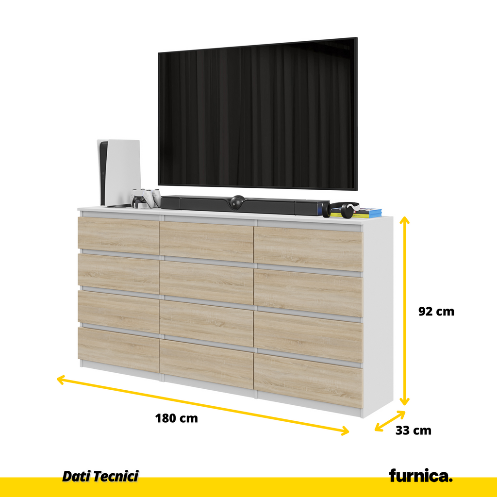 GABRIEL - Cassettiera a 12 cassetti (8+4) - Credenza per camera da letto - Bianco Opaco / Quercia Sonoma