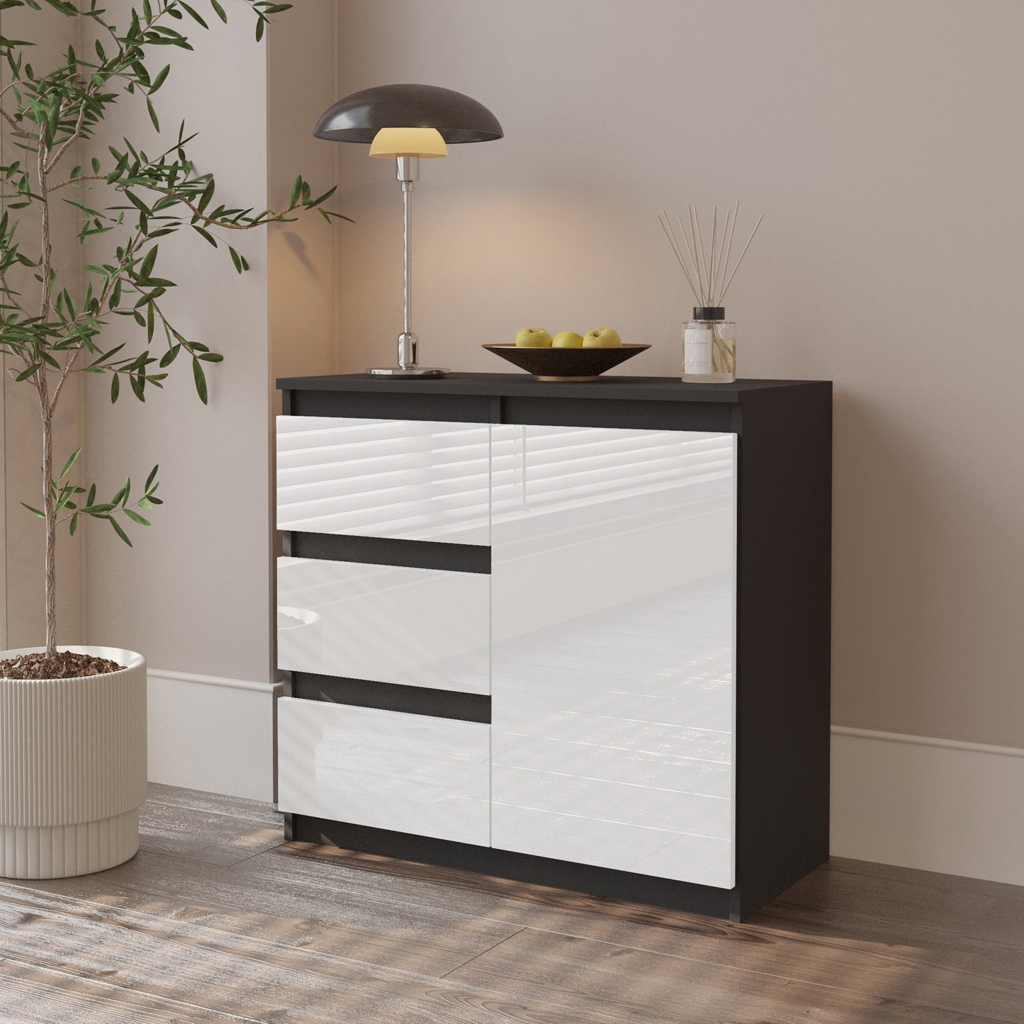 MIKEL - Cassettiera con 3 cassetti e 1 anta - Credenza per camera da letto - Antracite / Bianco Lucido