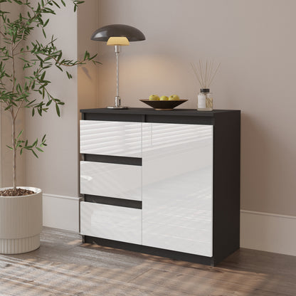 MIKEL - Cassettiera con 3 cassetti e 1 anta - Credenza per camera da letto - Antracite / Bianco Lucido