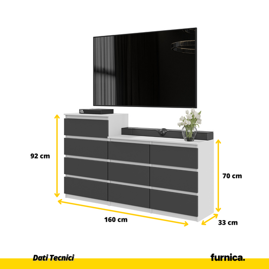 GABRIEL - Cassettiera a 10 cassetti (6+4) - H92/70 cm L160 cm P33 cm - Bianco Opaco / Antracite