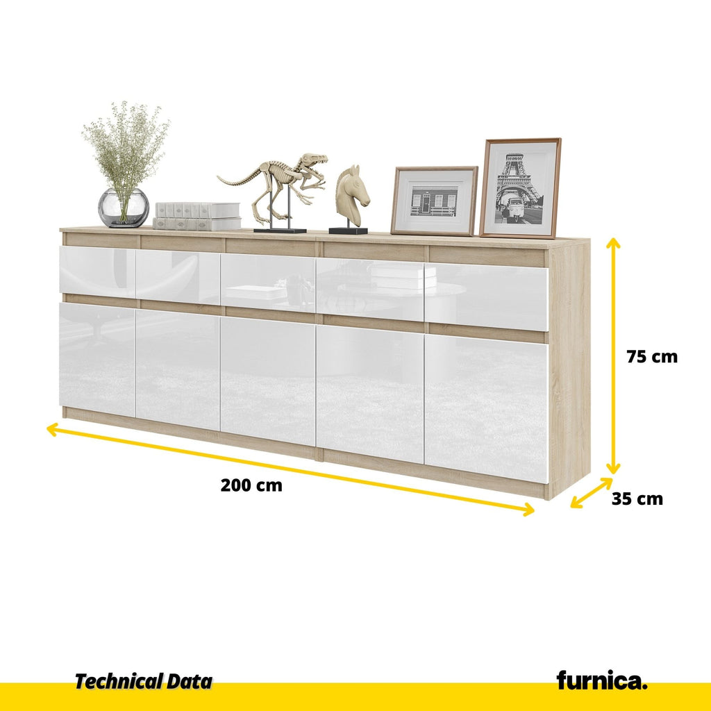 NOAH - Cassettiera a 5 cassetti e 5 ante - Credenza per camera da letto - Rovere Sonoma / Bianco lucido H75cm L200cm P35cm