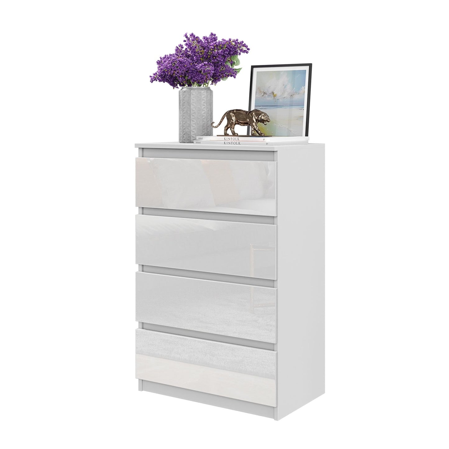 GABRIEL - Comò a 4 cassetti - Credenza per camera da letto - Bianco opaco / Bianco lucido