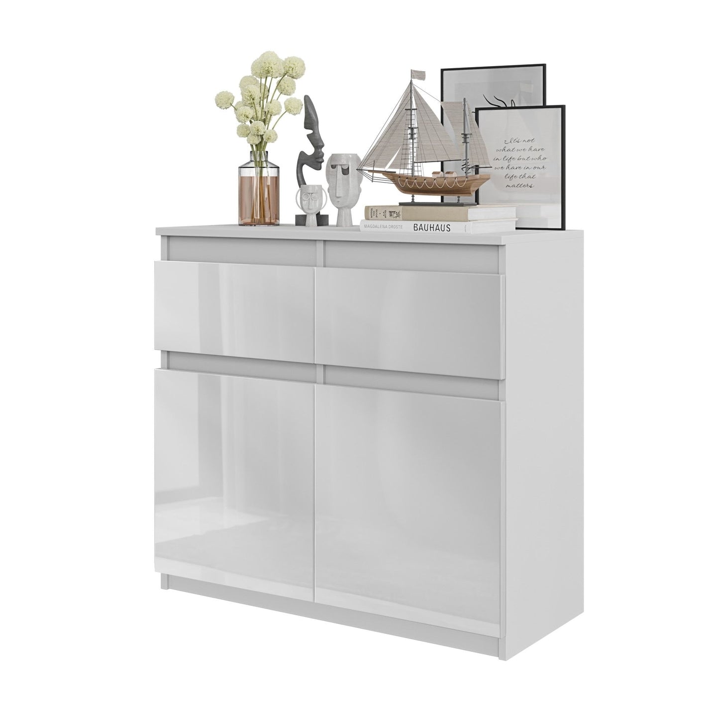 NOAH - Cassettiera con 2 cassetti e 2 ante - Credenza per camera da letto - Bianco Opaco / Bianco Lucido