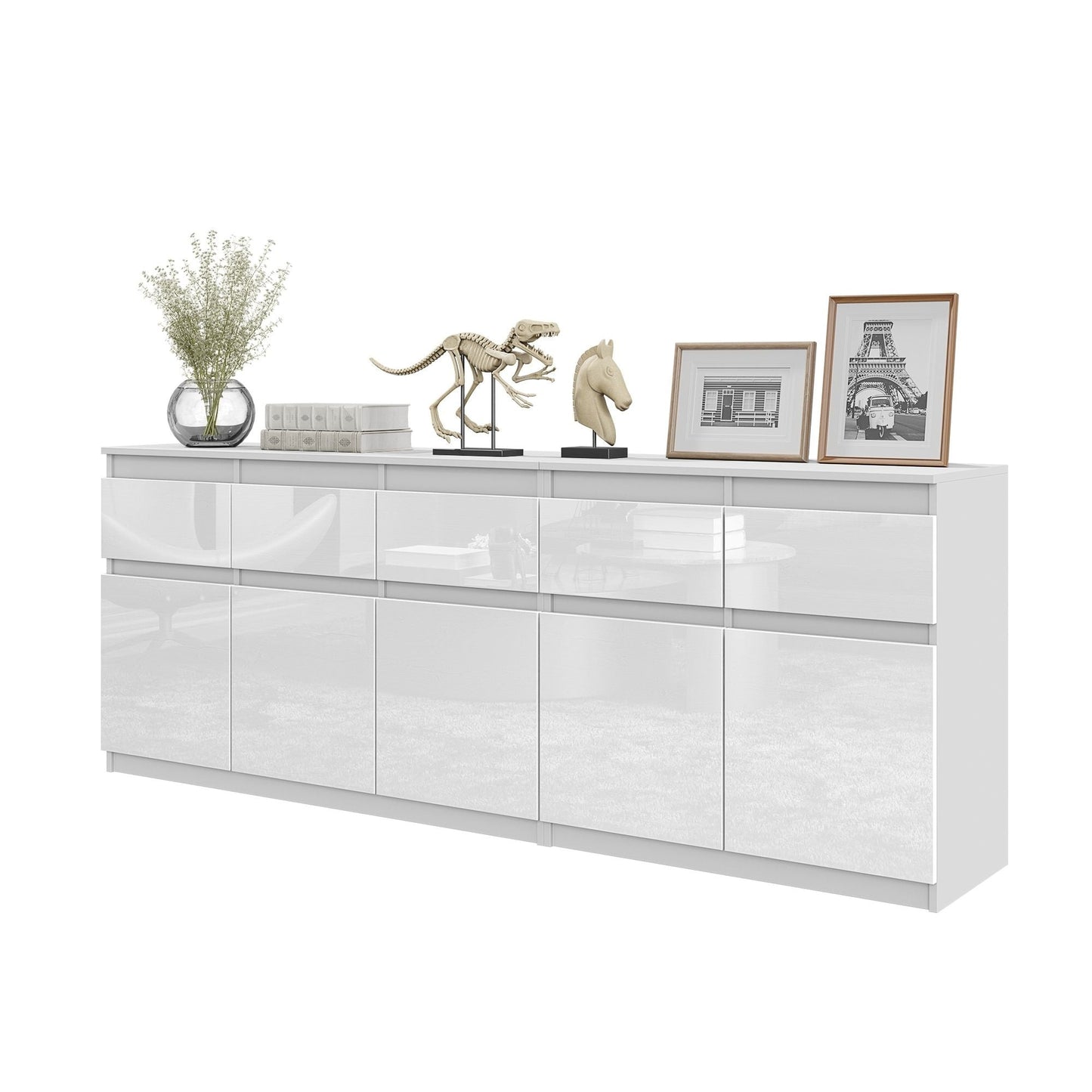 NOAH - Cassettiera a 5 cassetti e 5 ante - Credenza per camera da letto - Bianco Opaco / Bianco Lucido H75cm L200cm P35cm