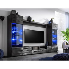 Parete attrezzata MODICA - Set di mobili per il soggiorno - Nero lucido / Sahara 3D