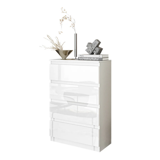 GABRIEL - Comò a 4 cassetti - Credenza per camera da letto - Bianco opaco / Bianco lucido