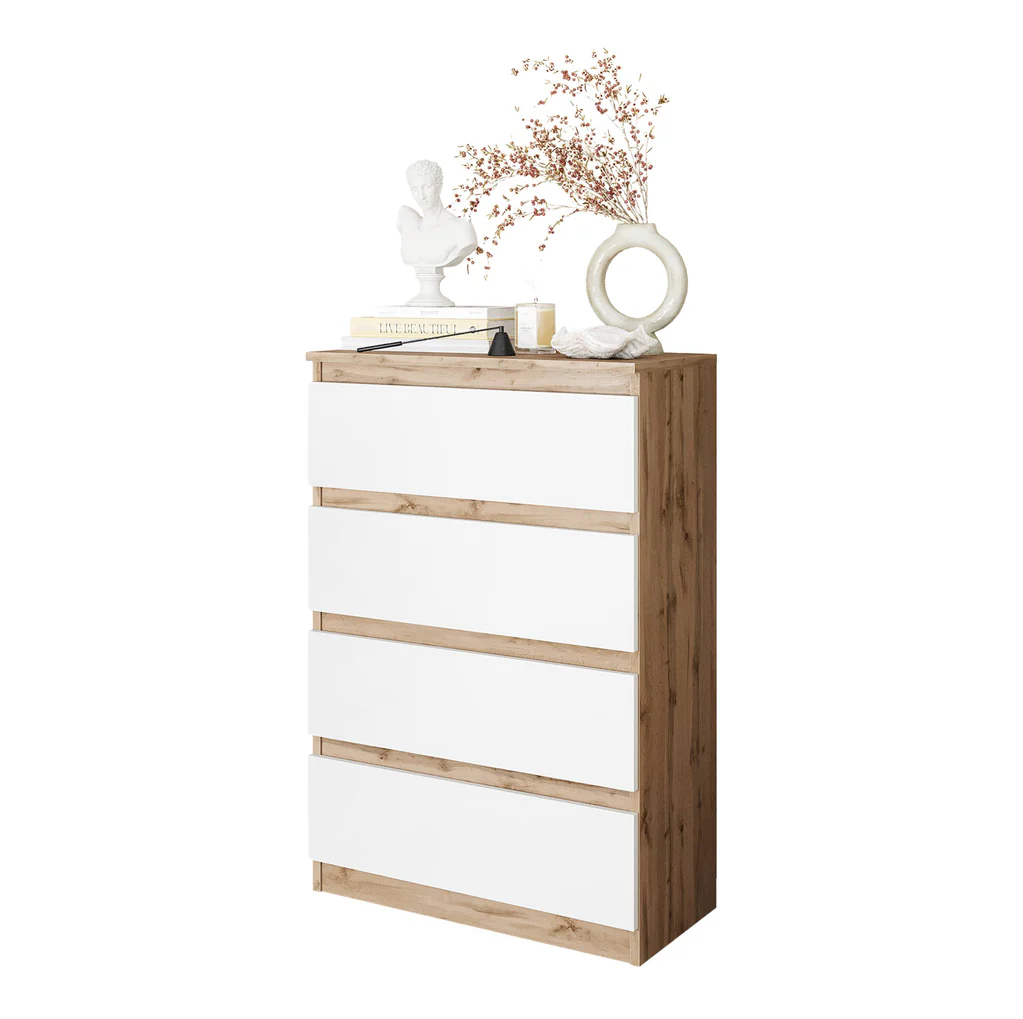 GABRIEL - Cassettiera a 4 cassetti - Credenza per camera da letto - Quercia wotan / Bianco opaco