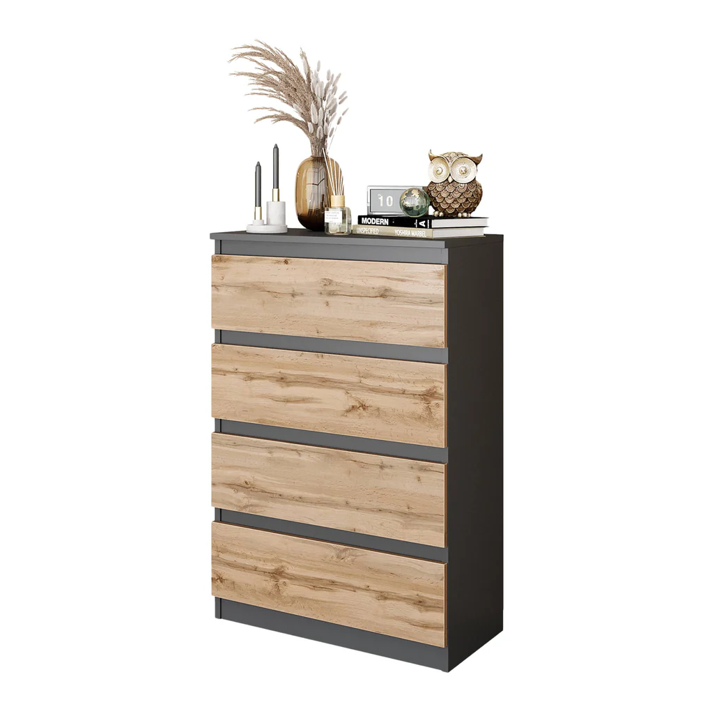 GABRIEL - Comò a 4 cassetti - Credenza per camera da letto - Antracite / Rovere Wotan