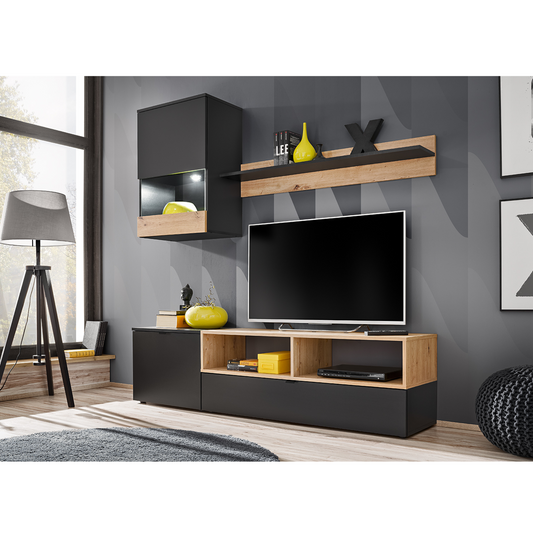Parete attrezzata MINI - Set di mobili per il soggiorno - Nero opaco / Rovere artigianale