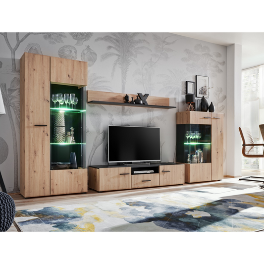 Parete attrezzata SOLIDO - Set di mobili per il soggiorno - Nero opaco / Rovere artigianale