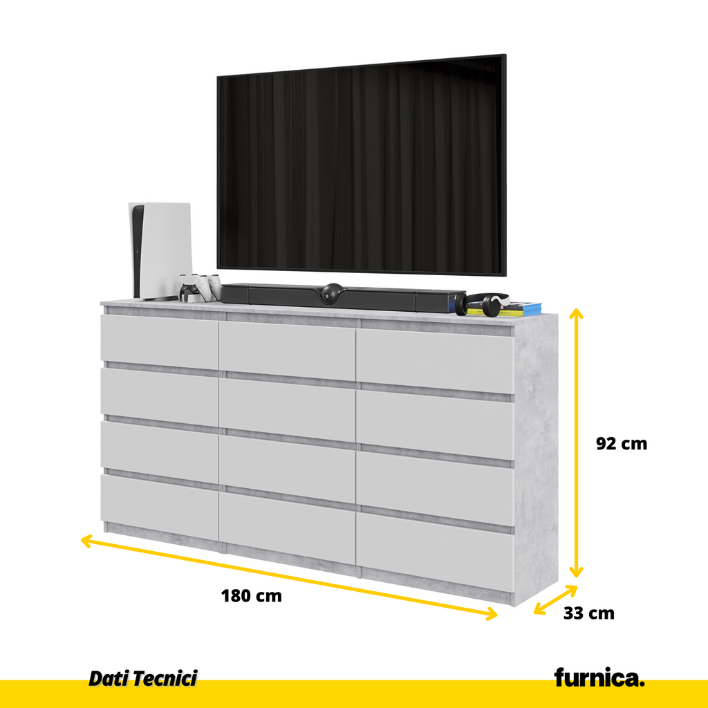 GABRIEL - Cassettiera a 12 cassetti (8+4) - Credenza per camera da letto - Calcestruzzo / Bianco Opaco