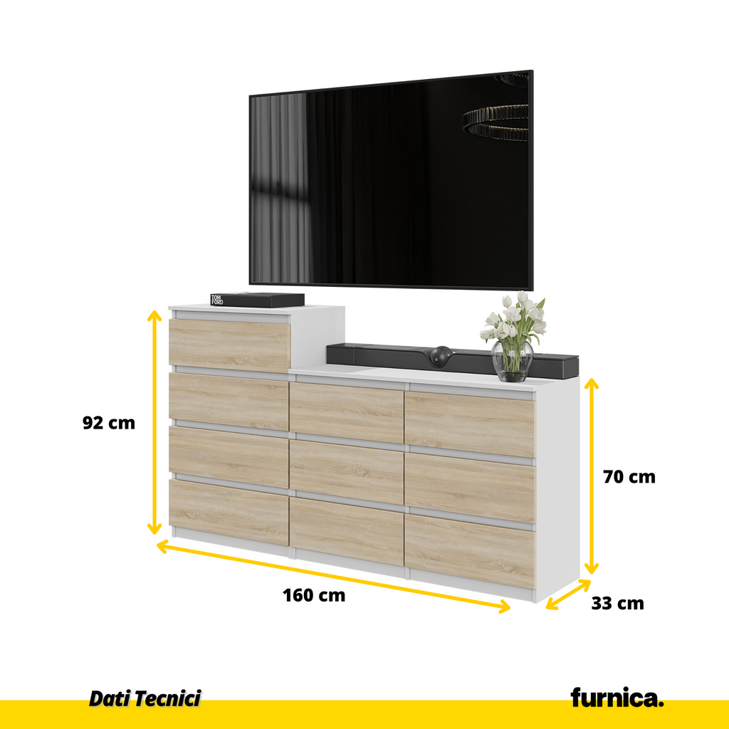 GABRIEL - Commode 10 Tiroirs (6+4) - H92/70 cm L160 cm P33 cm - Bianco Opaco / Quercia Sonoma