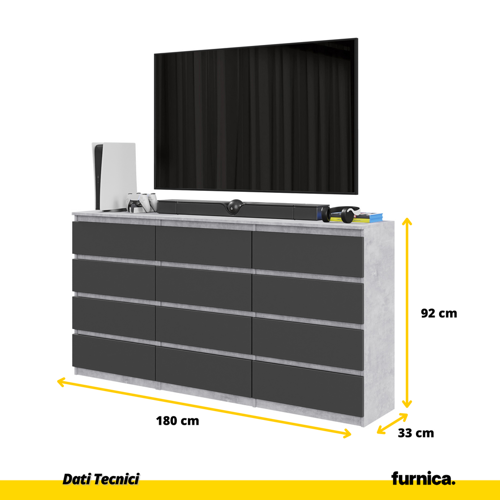 GABRIEL - Cassettiera a 12 cassetti (8+4) - Credenza per camera da letto - Calcestruzzo / Antracite