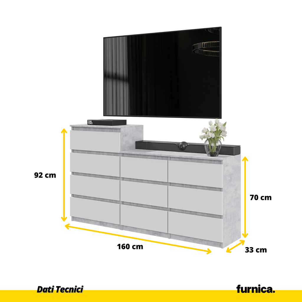 GABRIEL - Commode 10 Tiroirs (6+4) - H92/70 cm L160 cm P33 cm - Calcestruzzo  / Bianco Opaco