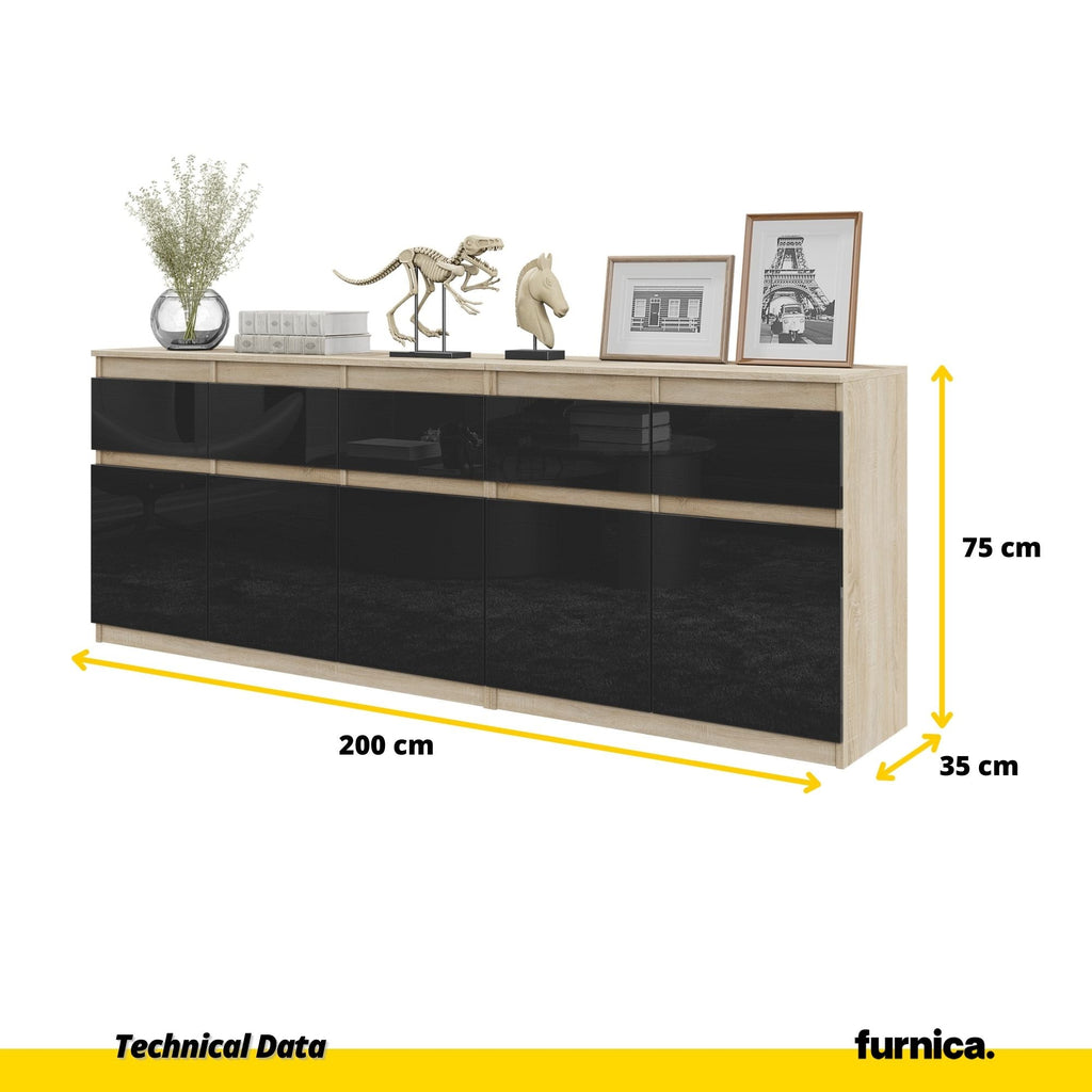 NOAH - Cassettiera a 5 cassetti e 5 ante - Credenza per camera da letto - Rovere Sonoma / Nero lucido H75cm L200cm P35cm