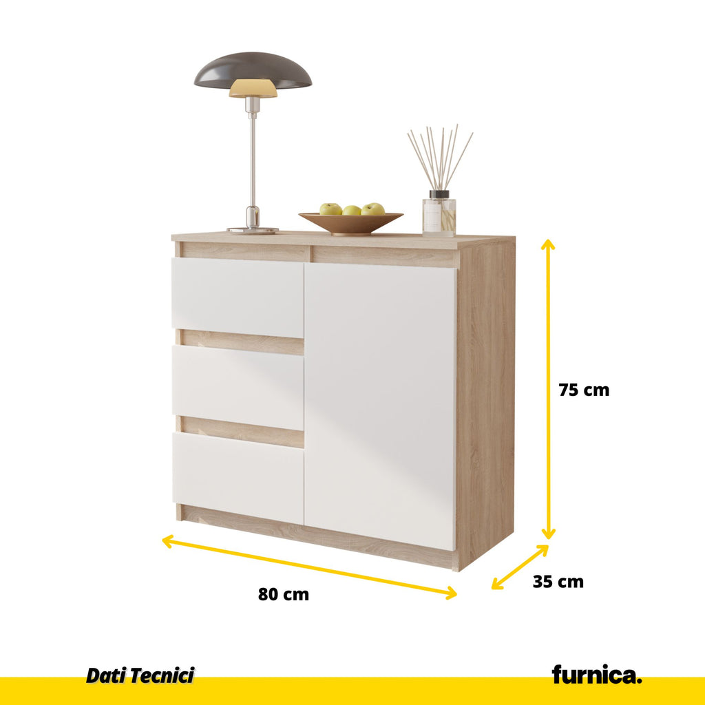 MIKEL - Cassettone con 3 cassetti e 1 anta - Credenza per camera da letto - Quercia Sonoma / Bianco opaco