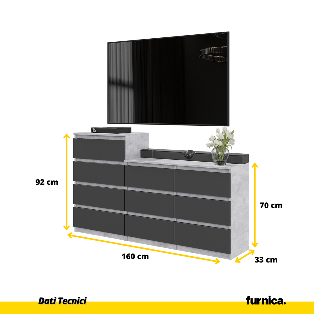 GABRIEL - Commode 10 Tiroirs (6+4) - H92/70 cm L160 cm P33 cm - Calcestruzzo  / Antracite
