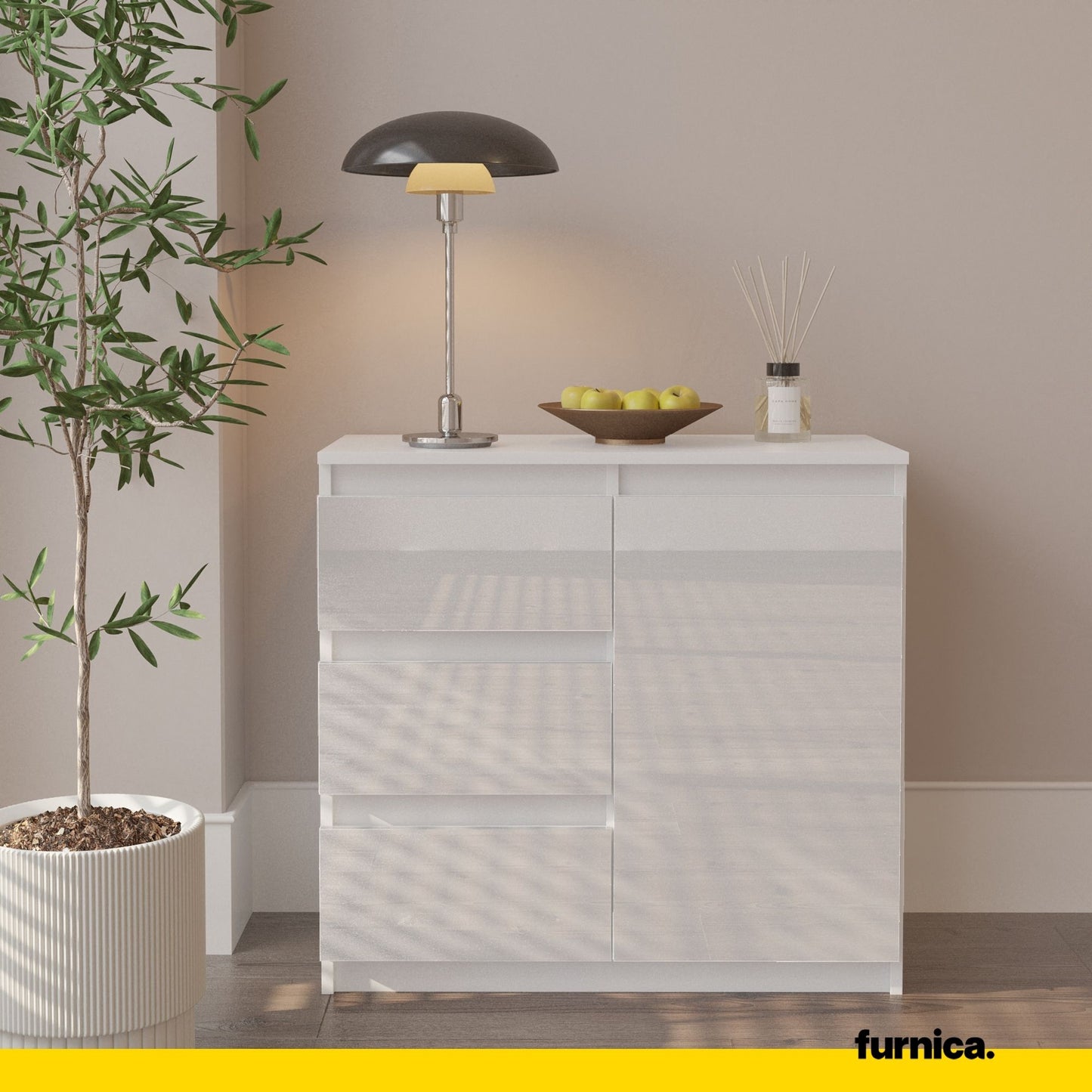 MIKEL - Cassettiera con 3 cassetti e 1 anta - Credenza per camera da letto - Bianco Opaco / Bianco Lucido