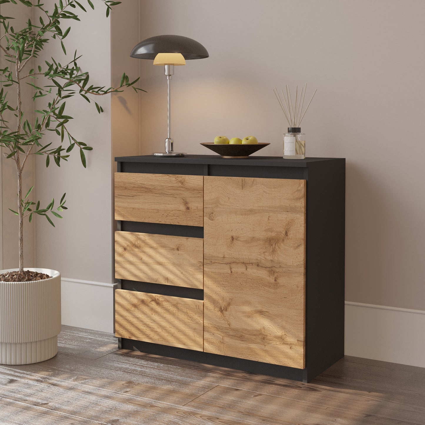 MIKEL - Cassettone con 3 cassetti e 1 anta - Credenza per camera da letto - Antracite / Rovere Wotan