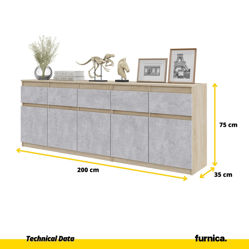 NOAH - Cassettiera a 5 cassetti e 5 ante - Credenza per camera da letto - Rovere Sonoma / Calcestruzzo H75cm L200cm P35cm