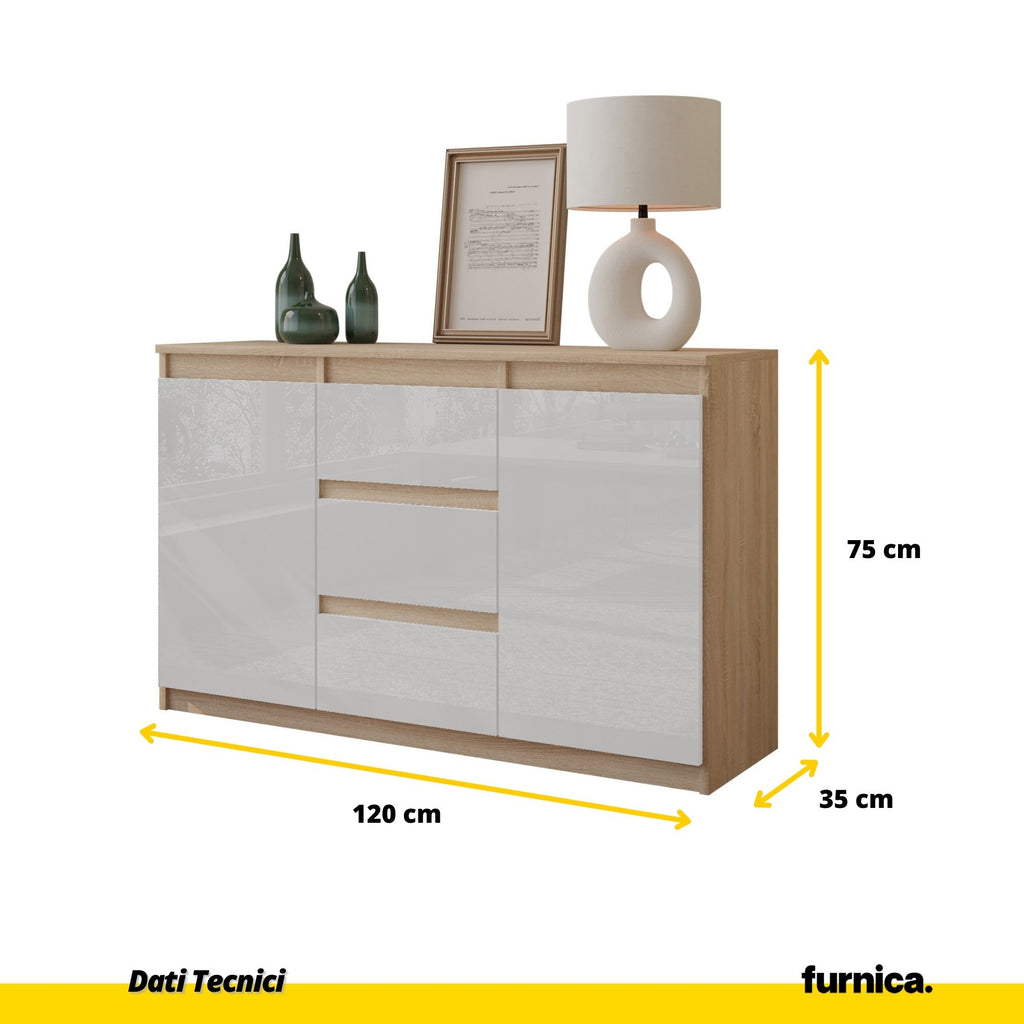 MIKEL - Cassettone con 3 cassetti e 2 ante - Credenza per camera da letto - Quercia Sonoma / Bianco lucido