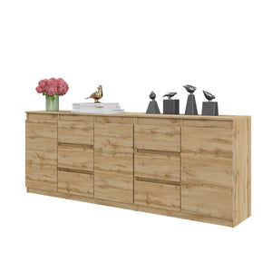 MIKEL - Cassettiera a 6 cassetti e 3 ante - Credenza per camera da letto - Rovere Wotan H75cm L200cm P35cm