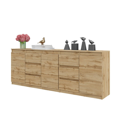 MIKEL - Cassettiera a 6 cassetti e 3 ante - Credenza per camera da letto - Rovere Wotan H75cm L200cm P35cm
