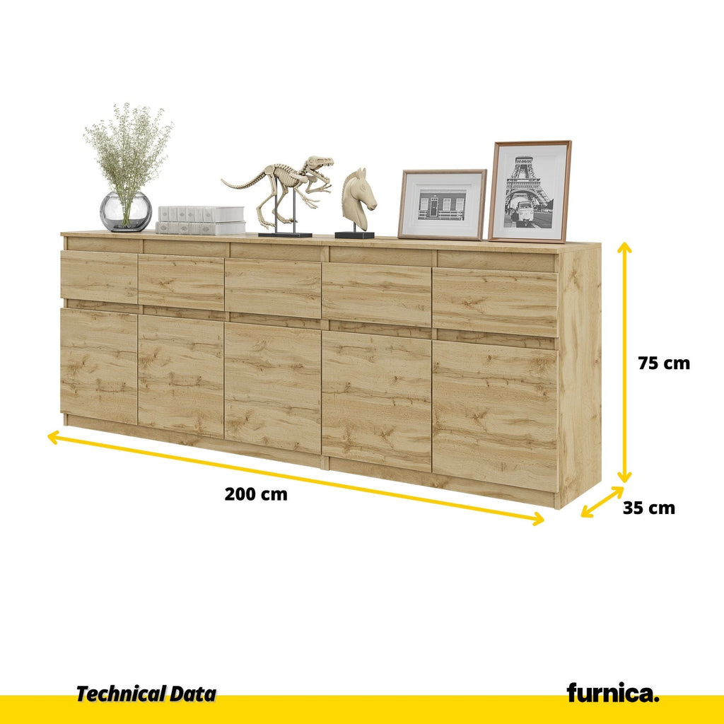 NOAH - Cassettiera a 5 cassetti e 5 ante - Credenza per camera da letto - Rovere Wotan H75cm L200cm P35cm