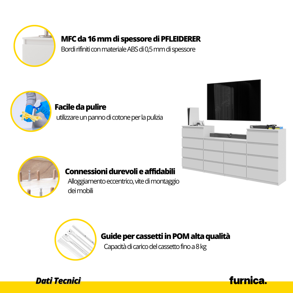 GABRIEL - Cassettiera a 14 cassetti (4+6+4) - Credenza per camera da letto - Calcestruzzo / Bianco Opaco