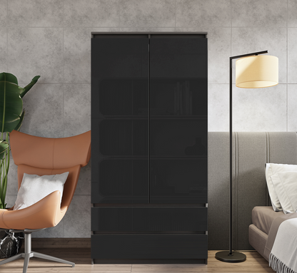 JOELLE - Armadio a 2 ante con 2 cassetti - Antracite / Nero Lucido H180cm L90cm P50cm