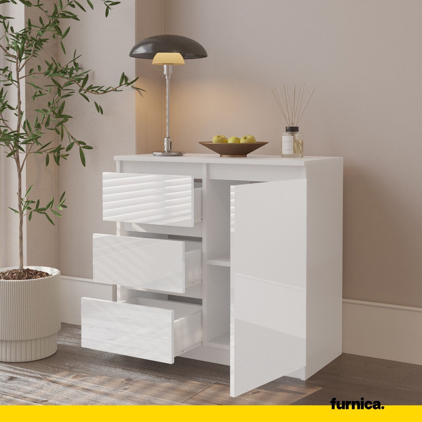 MIKEL - Cassettiera con 3 cassetti e 1 anta - Credenza per camera da letto - Bianco Opaco / Bianco Lucido