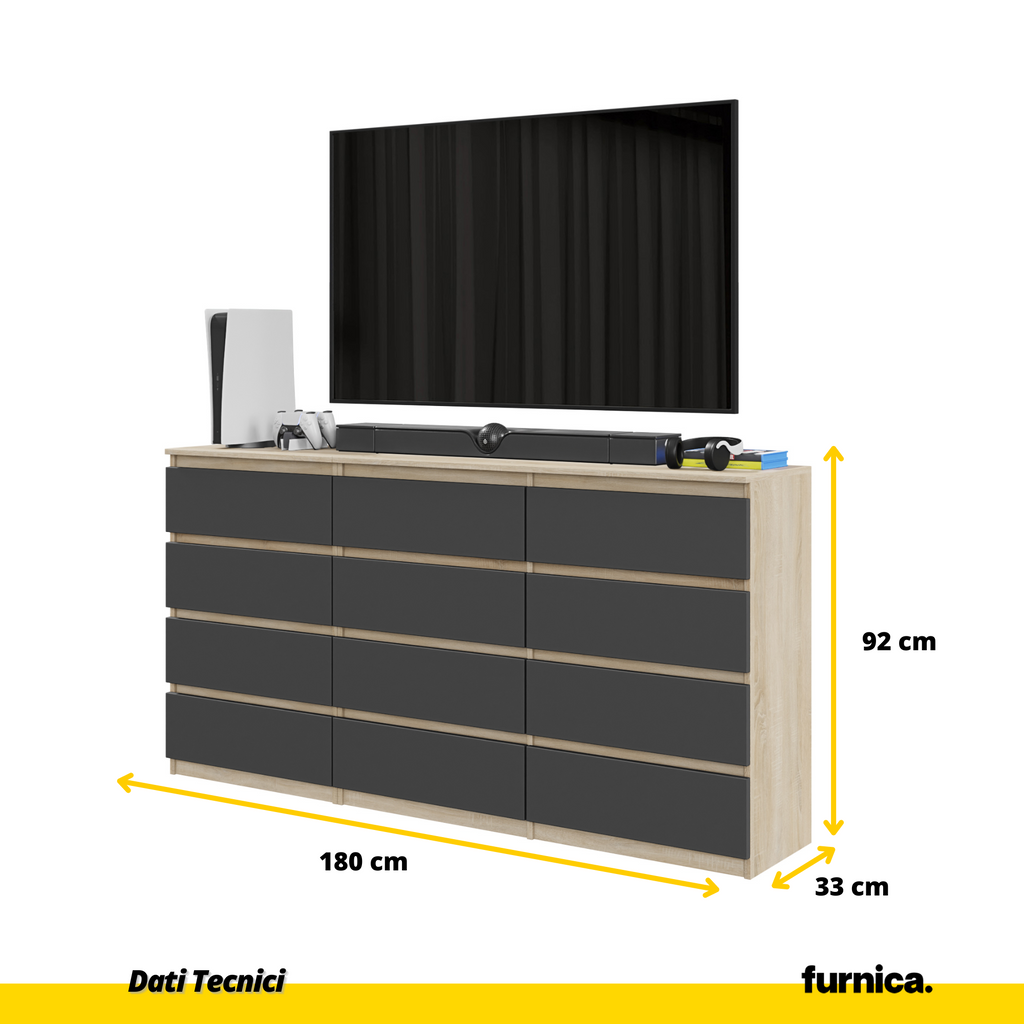 GABRIEL - Cassettiera a 12 cassetti (8+4) - Credenza per camera da letto - Quercia Sonoma / Antracite