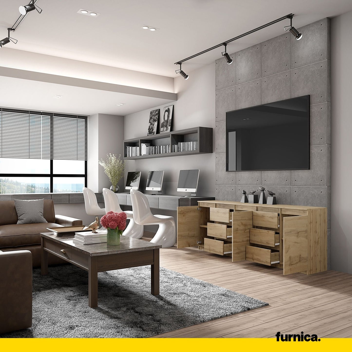 MIKEL - Cassettiera a 6 cassetti e 3 ante - Credenza per camera da letto - Rovere Wotan H75cm L200cm P35cm