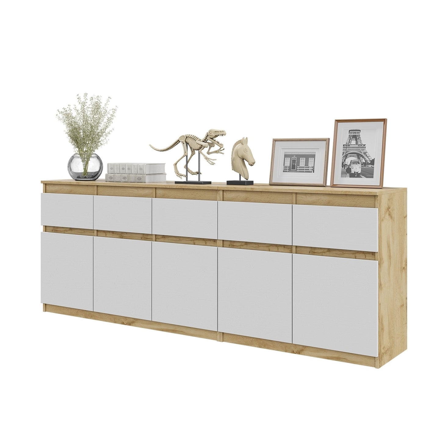 NOAH - Cassettiera a 5 cassetti e 5 ante - Credenza per camera da letto - Rovere Wotan / Bianco Opaco H75cm L200cm P35cm