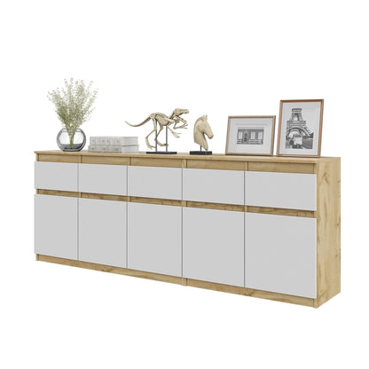 NOAH - Cassettiera a 5 cassetti e 5 ante - Credenza per camera da letto - Rovere Wotan / Bianco Opaco H75cm L200cm P35cm