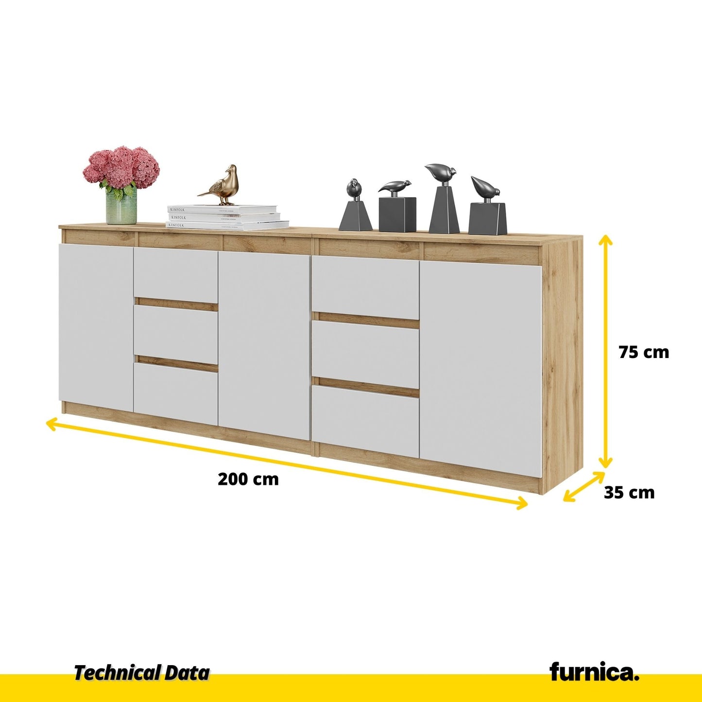 MIKEL - Cassettiera a 6 cassetti e 3 ante - Credenza per camera da letto - Rovere Wotan / Bianco Opaco H75cm L200cm P35cm