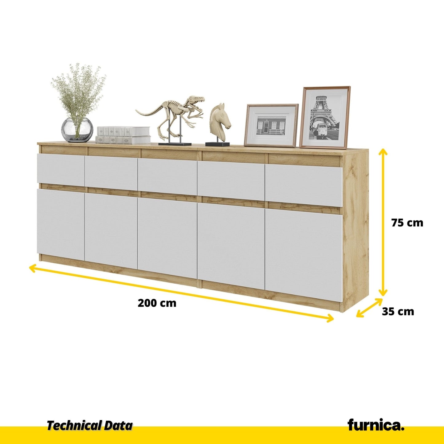 NOAH - Cassettiera a 5 cassetti e 5 ante - Credenza per camera da letto - Rovere Wotan / Bianco Opaco H75cm L200cm P35cm