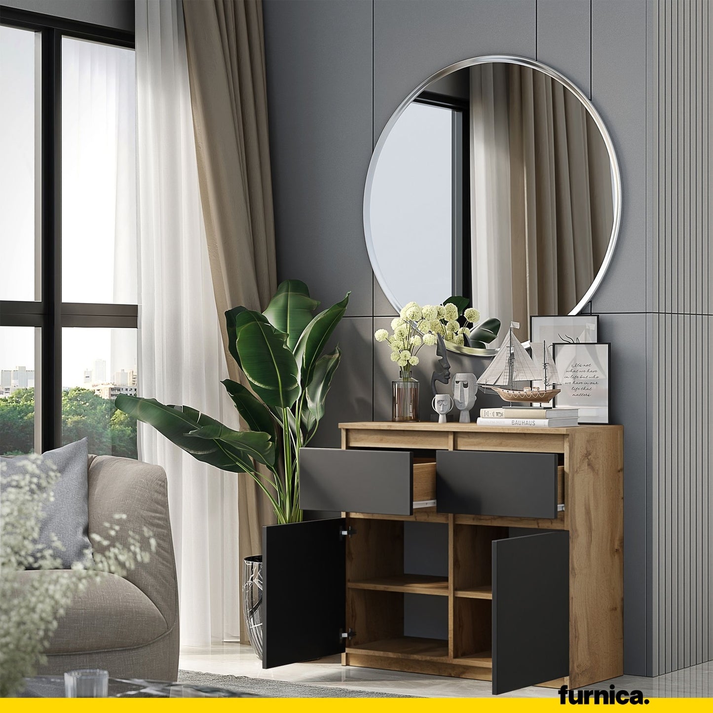 NOAH - Cassettone con 2 cassetti e 2 ante - Credenza per camera da letto - Quercia Wotan / Antracite