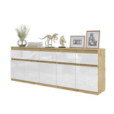 NOAH - Cassettiera a 5 cassetti e 5 ante - Credenza per camera da letto - Rovere Wotan / Bianco Lucido H75cm L200cm P35cm