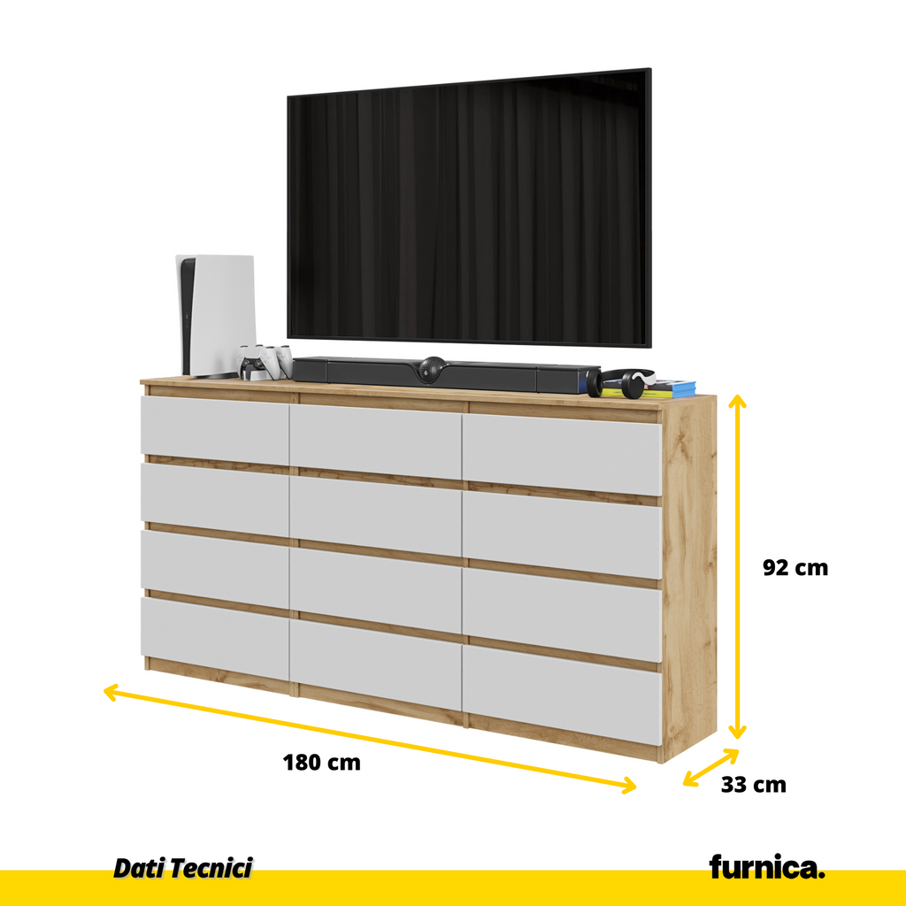 GABRIEL - Cassettiera a 12 cassetti (8+4) - Credenza per camera da letto - Rovere Wotan / Bianco Opaco