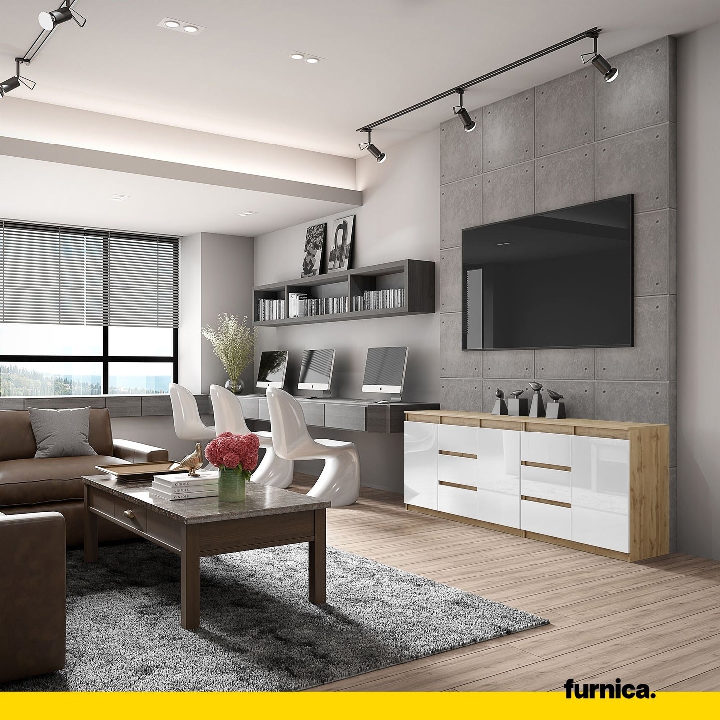 MIKEL - Cassettiera a 6 cassetti e 3 ante - Credenza per camera da letto - Rovere Wotan / Bianco Lucido H75cm L200cm P35cm