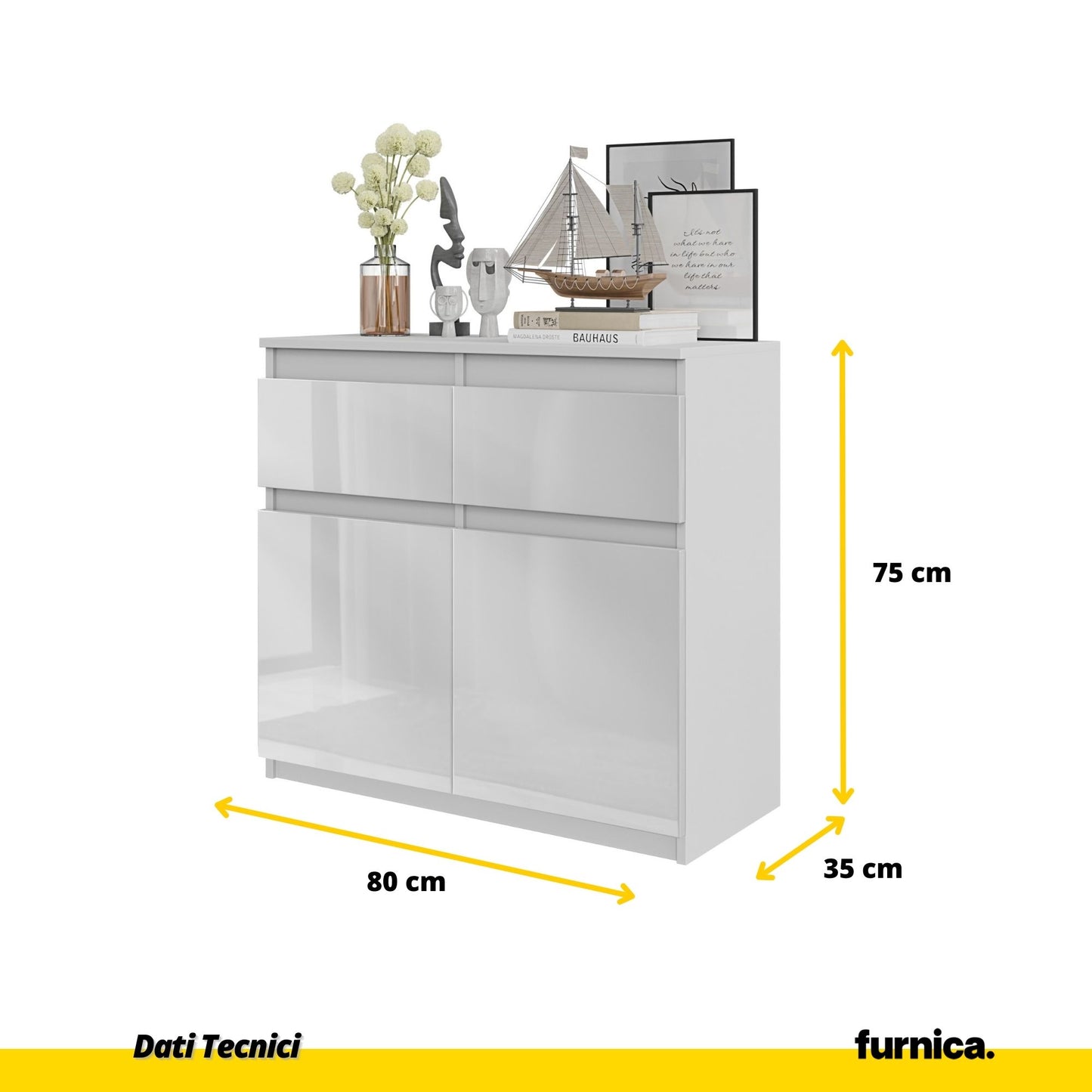 NOAH - Cassettiera con 2 cassetti e 2 ante - Credenza per camera da letto - Bianco Opaco / Bianco Lucido