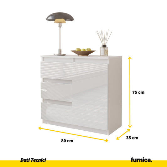 MIKEL - Cassettiera con 3 cassetti e 1 anta - Credenza per camera da letto - Bianco Opaco / Bianco Lucido